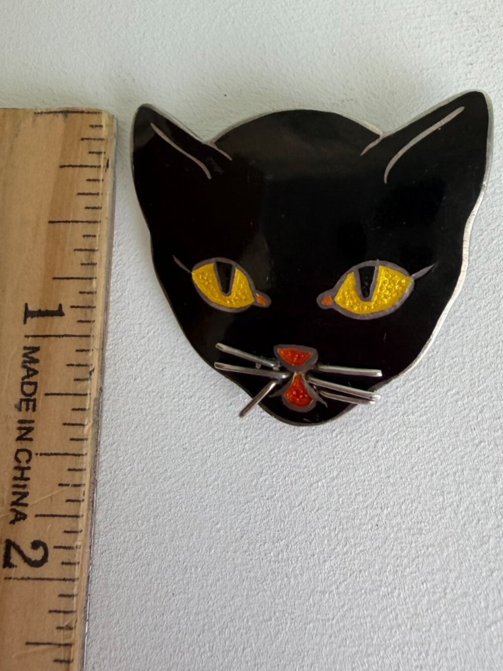 Vintage Margot de Taxco Sterling Silver & Enamel Cat Face Pin - Picture 5 of 8